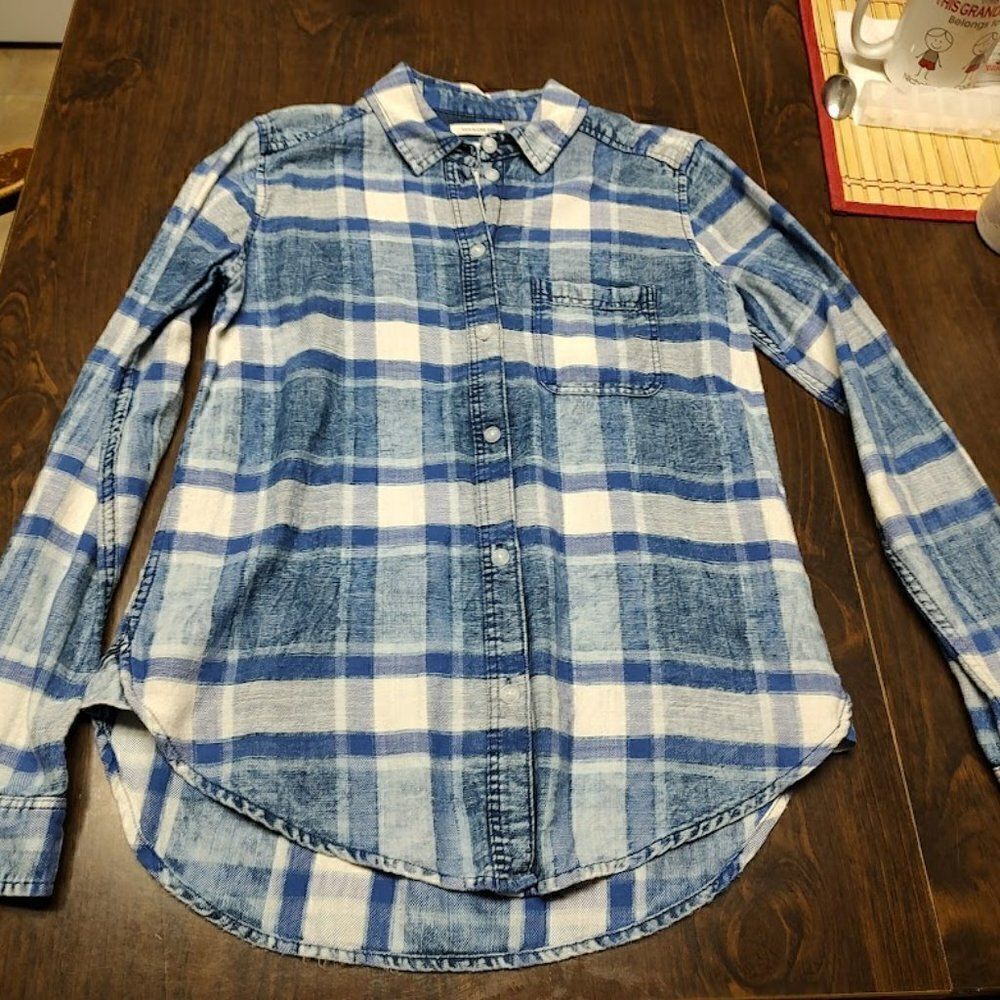 American Eagle Blue Plaid Boyfriend Fit Flannel Top Size Women's XS